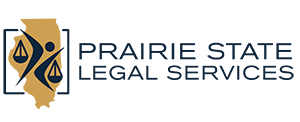 Text that says Prairie State Legal Services next to an outline of the state of Illinois with a person and legal scales